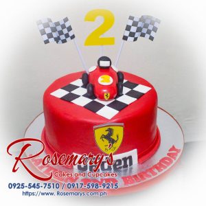 Ferrari-themed 1-layer cake in vibrant red, crafted by Rosemary's Cakes. Contact: 0925-545-7510. Delicious and festive!
