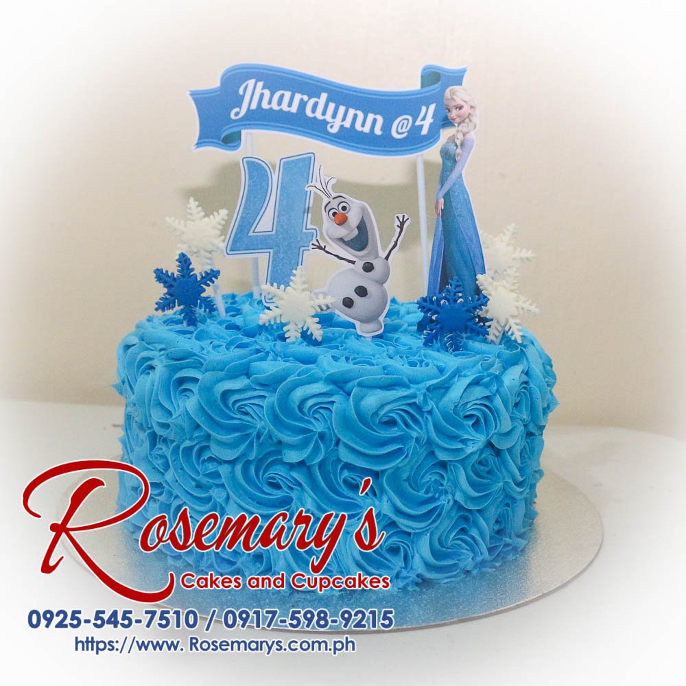 Frozen themed icing cake featuring intricate snowflake designs, perfect for celebrations. Order from Rosemary's Cakes at 0917-598-9215.