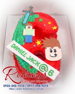 Delicious Minecraft-themed number cake in vibrant red, crafted by Rosemary's Cakes. Contact: 0925-545-7510.