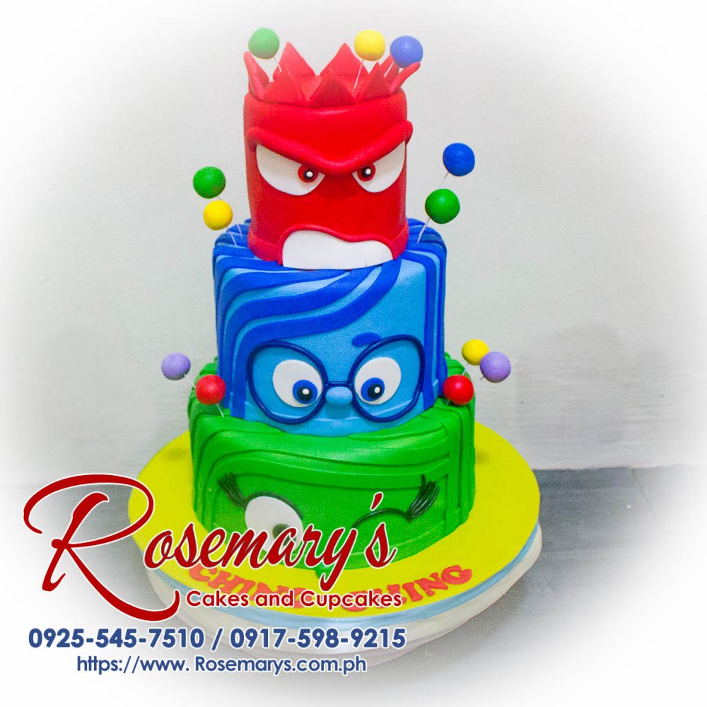 Delicious 3-layer Inside Out themed cake by Rosemary's Cakes, featuring vibrant colors and intricate designs. Contact: 0917-598-9215.