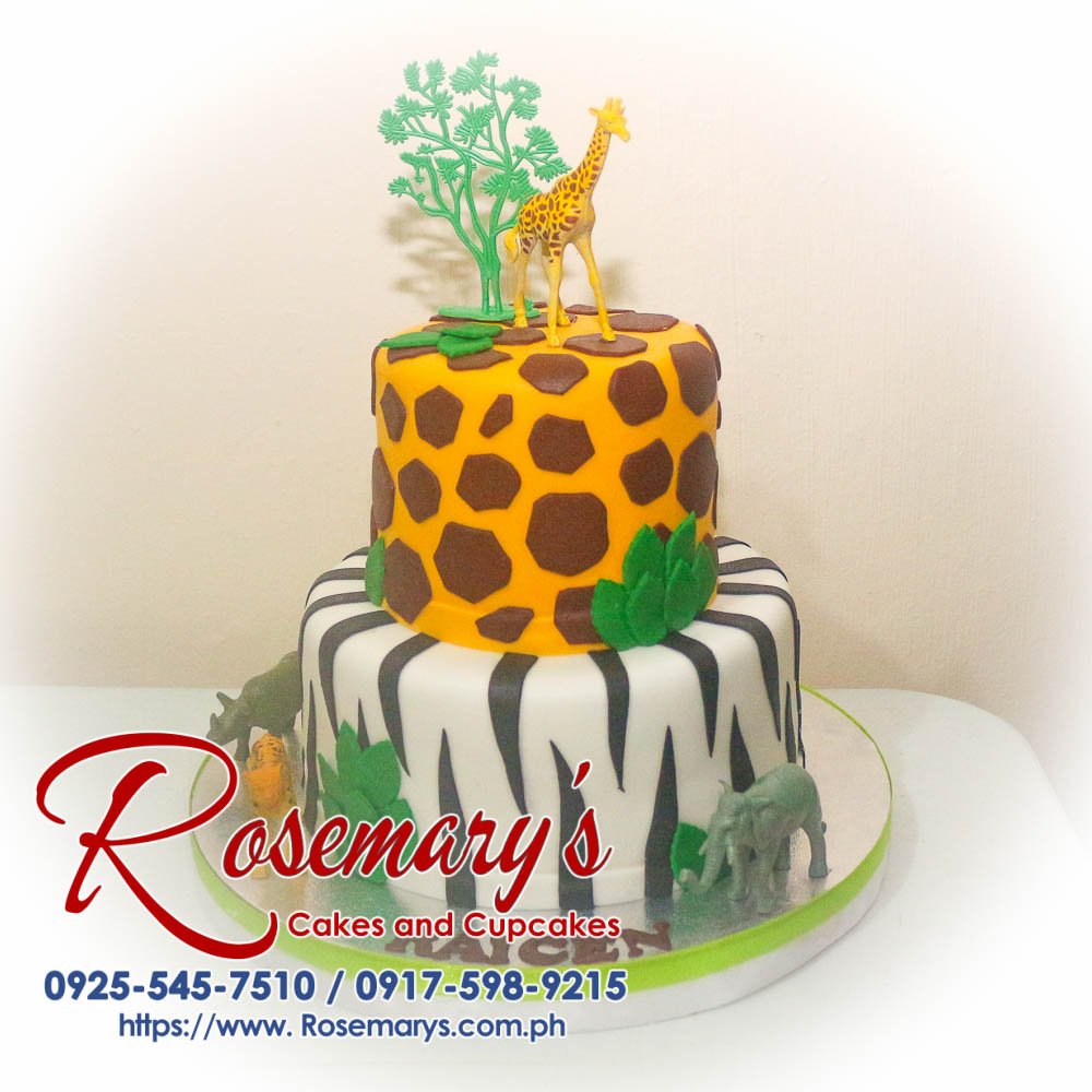 Safari Themed 2 Layer Cake for Raicen Delicious safari-themed 2 layer cake with vibrant animal decorations. Perfect for any celebration. Rosemary's Cakes, 0925-545-7510.