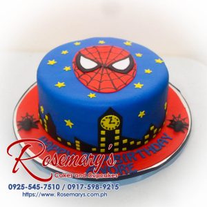 Spiderman themed 1-layer cake in blue and red, vividly decorated, perfect for any celebration. From Rosemary's Cakes, call 0925-545-7510.