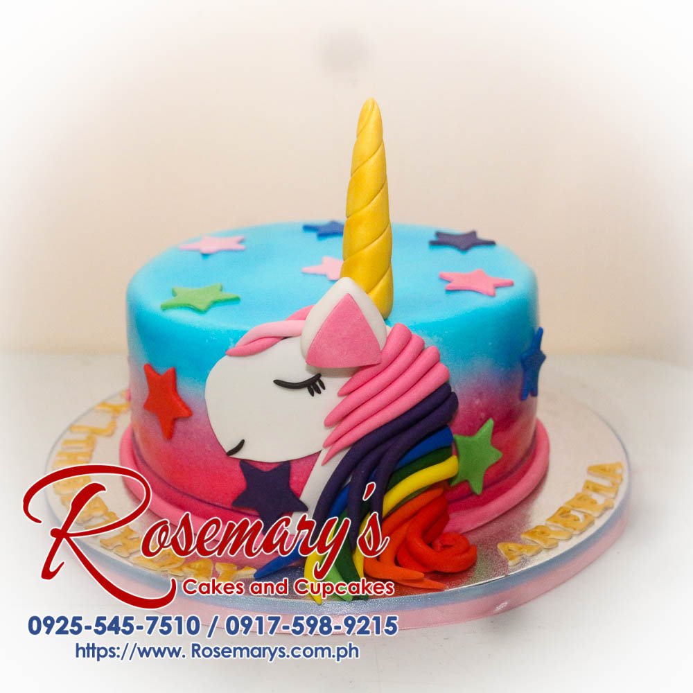 Unicorn themed 1 layer cake with pastel colors and intricate designs, a delicious treat from Rosemary's Cakes. Call 0925-545-7510.