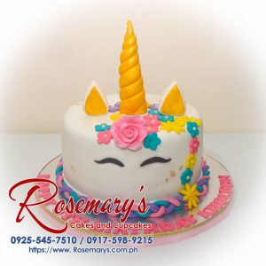 Unicorn themed 1-layer cake in pink and gold, perfect for celebrations. Order from Rosemary's Cakes at 0917-598-9215.