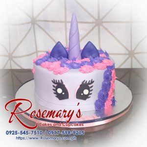 Delicious 1-layer unicorn themed cake in pink and purple, perfect for celebrations. Order from Rosemary's Cakes at 0925-545-7510.