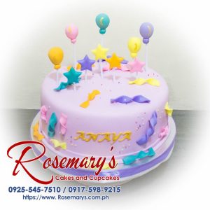Delicious 1 layer cake with vibrant balloons and colorful confetti, perfect for celebrations. From Rosemary's Cakes, call 0925-545-7510.