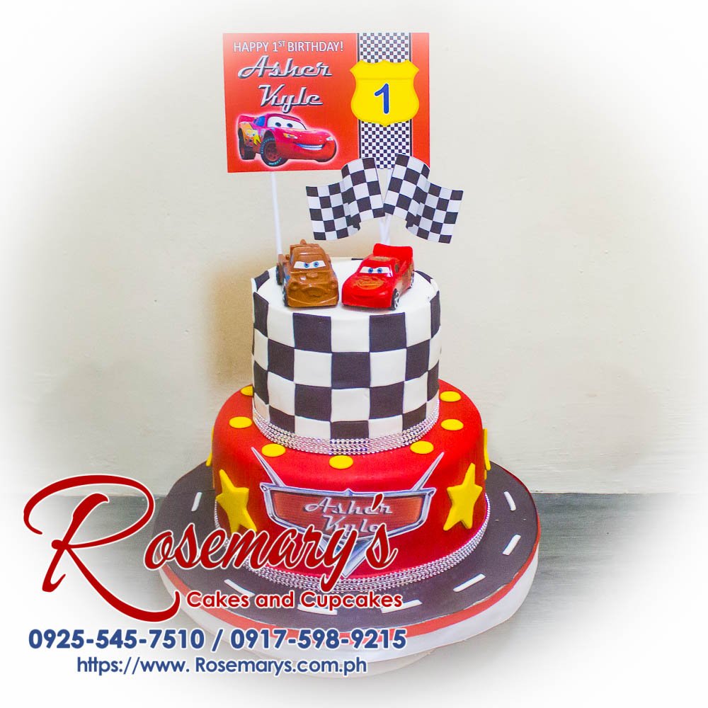 Delicious 2 layer Lightning McQueen themed cake from Rosemary's Cakes, perfect for any Cars fan! Contact: 0917-598-9215.