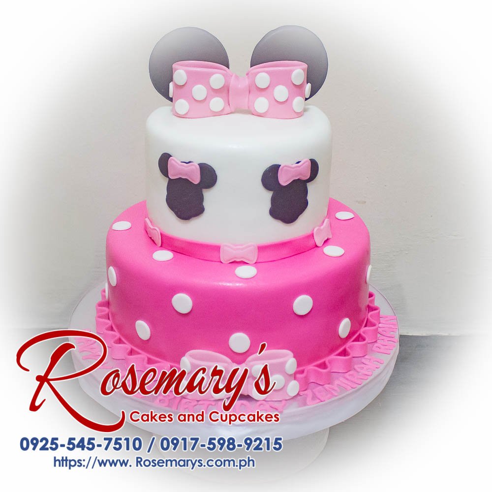 Delicious 2-layer pink Minnie Mouse cake with vibrant decorations, perfect for any themed celebration. Rosemary's Cakes, 0925-545-7510.