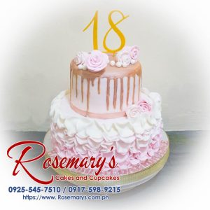 Delicious 2-layer pink roses ruffled drip cake with a custom 3D printed topper. Order from Rosemary's Cakes at 0917-598-9215.