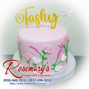 Delicious 1-layer pink garden and butterflies themed cake by Rosemary's Cakes, featuring 3D printed butterflies. Contact: 0925-545-7510.