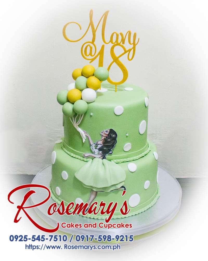 2 Layer Cake for Mavy’s 18th Birthday Two-layer 18th birthday cake featuring vibrant 3D printed balloons, designed by Rosemary's Cakes. Contact: 0917-598-9215.