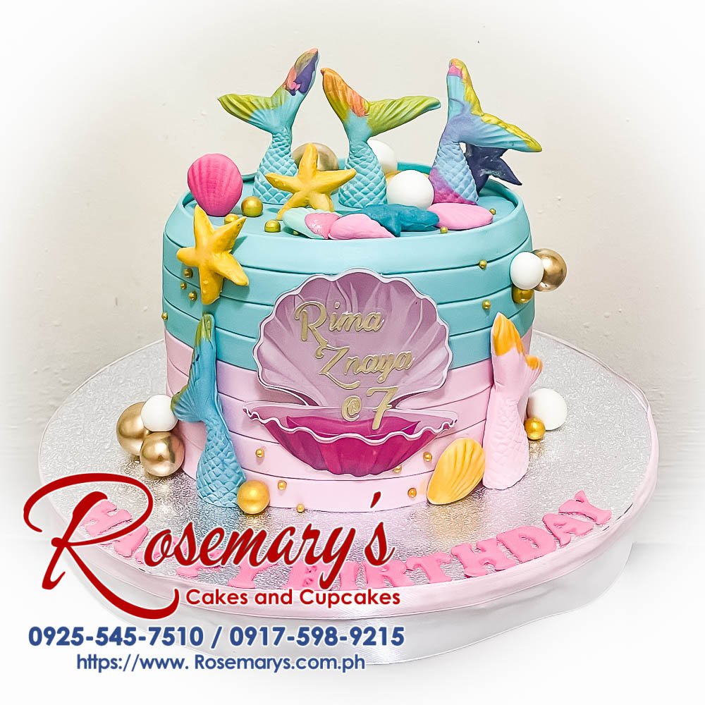 Pastel mermaid themed 1-layer cake from Rosemary's Cakes, featuring ocean colors and intricate details. Contact: 0925-545-7510.