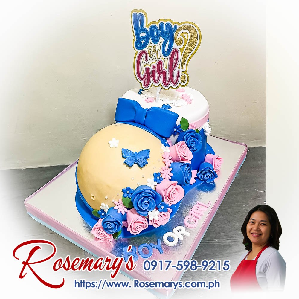 Delicious pink and blue baby shower cake, perfect for celebrating boy or girl. Order from Rosemary's Cakes: 0917-598-9215.