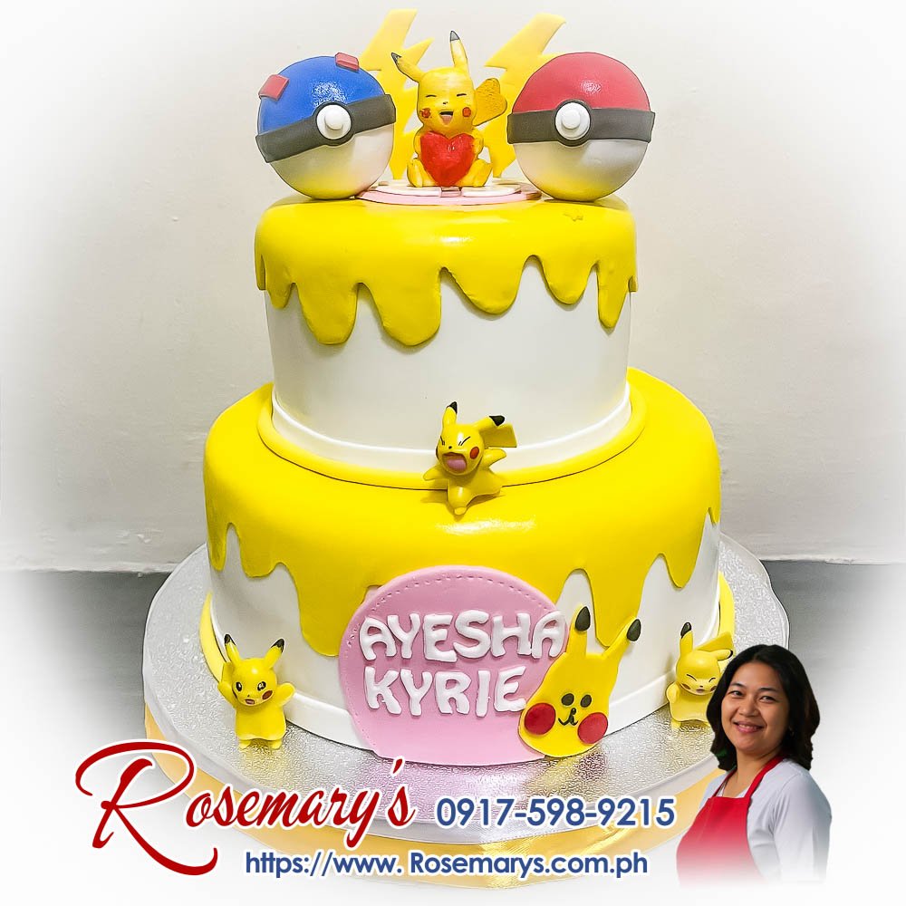 2 layer cute pikachu themed cake for ayesha kyrie’s birthday Two-layer cute Pikachu themed cake from Rosemary's Cakes, featuring vibrant yellow icing and delightful details. Contact: 0917-598-9215.
