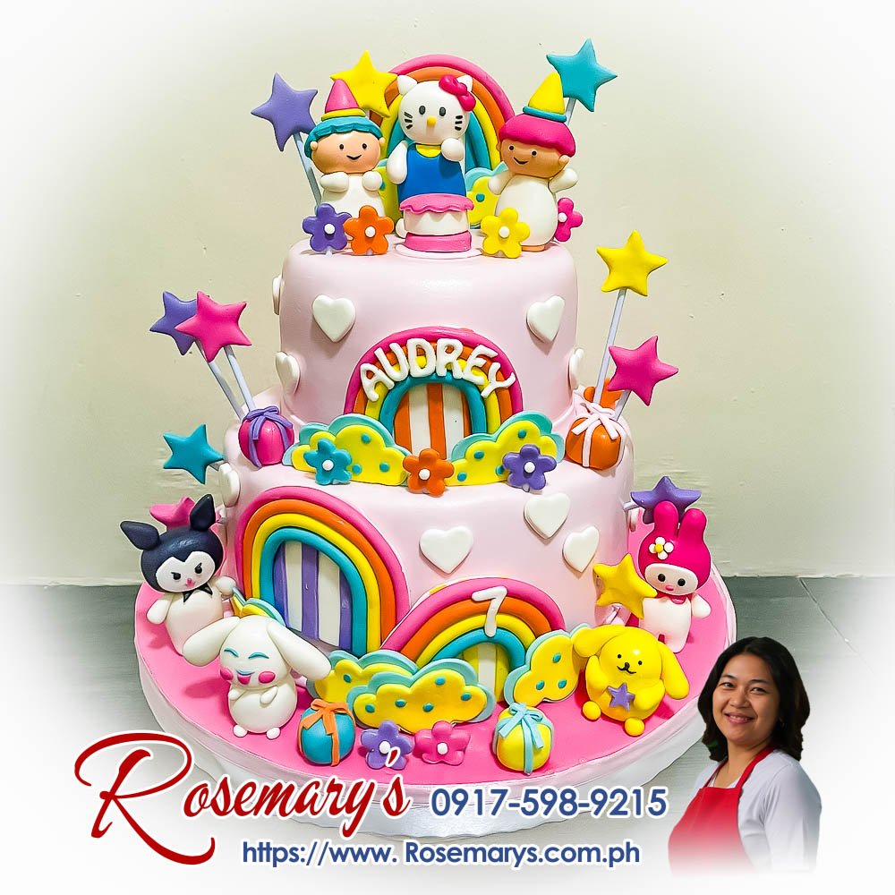 2 layer sanrio characters themed cake for audrey’s 7th birthday Delicious 2 layer Sanrio characters themed cake featuring Hello Kitty, Kuromi, My Melody, and Little Twin Stars. Rosemary's Cakes, 0917-598-9215.