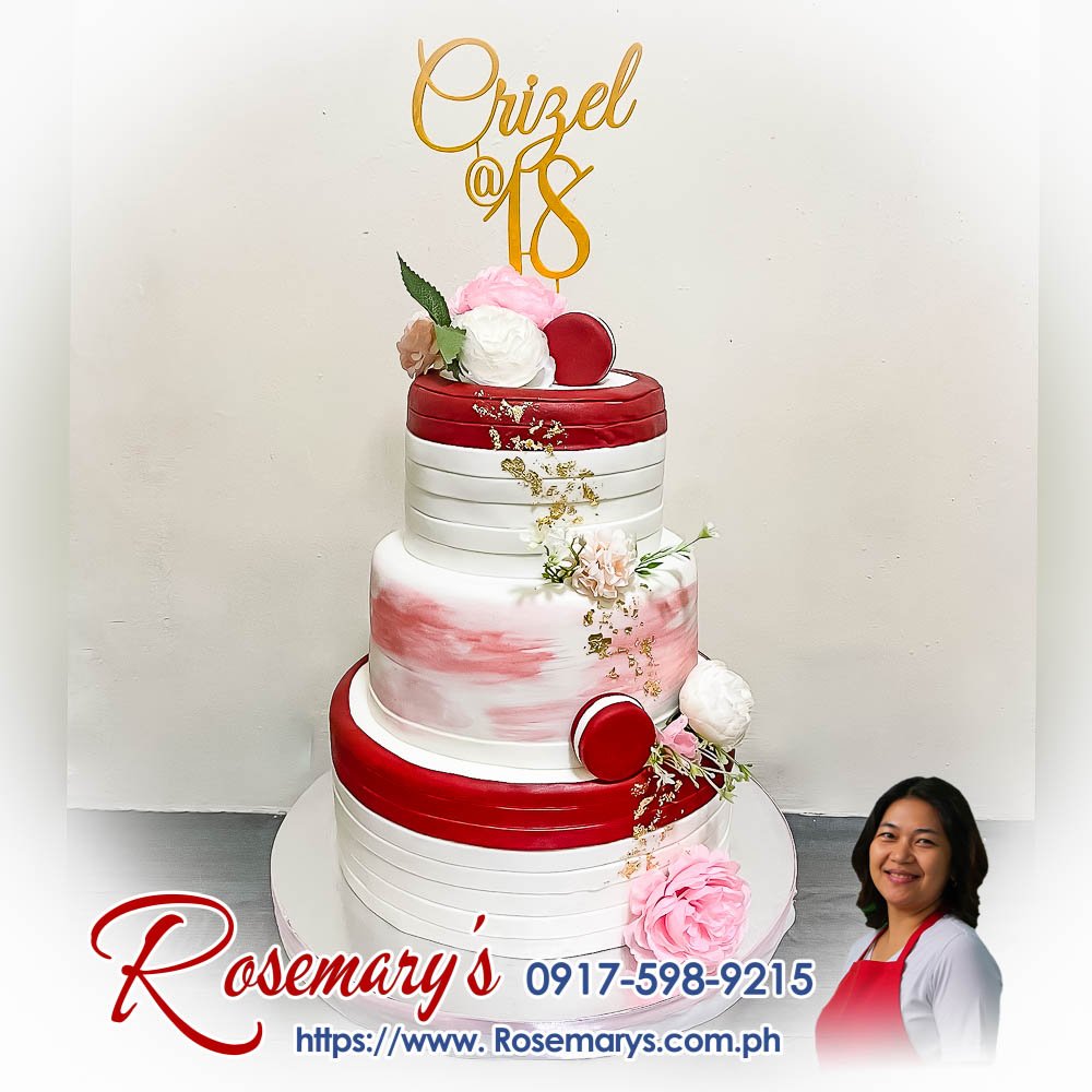 3 layer maroon and white roses and macarons themed cake with custom 3d printed cake topper for crizel’s 18th birthday Elegant 3-layer maroon and white themed cake adorned with roses, macarons, and a custom 3D printed topper. Rosemary's Cakes, 0917-598-9215.