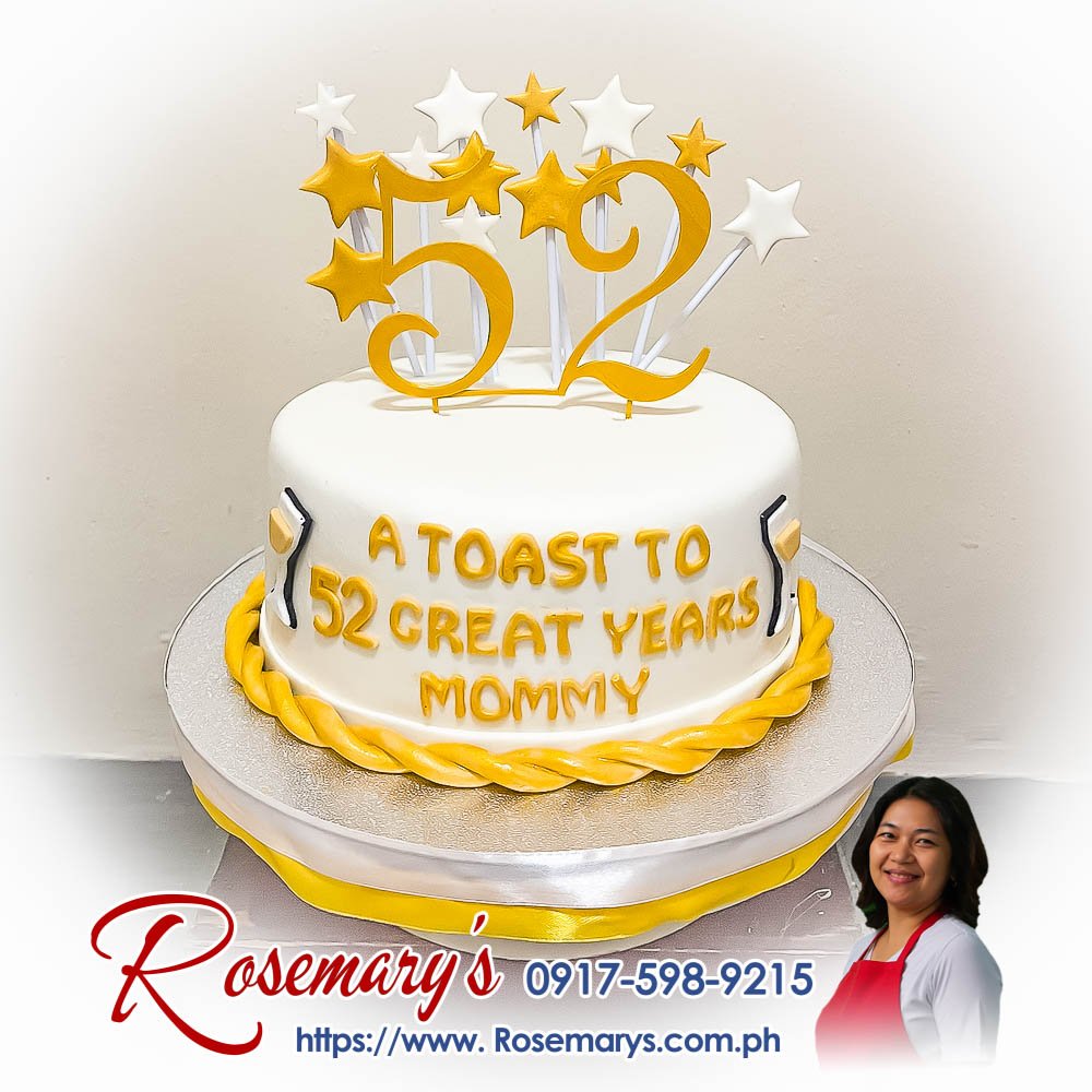 Delicious 1-layer themed cake celebrating 52 years, adorned with 3D printed gold stars. Order from Rosemary's Cakes at 0925-545-7510.