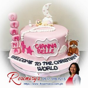 Cute 1-layer baptismal cake featuring a pink bear, blocks, and a crescent moon, perfect for christening celebrations. From Rosemary's Cakes, call 0925-545-7510.