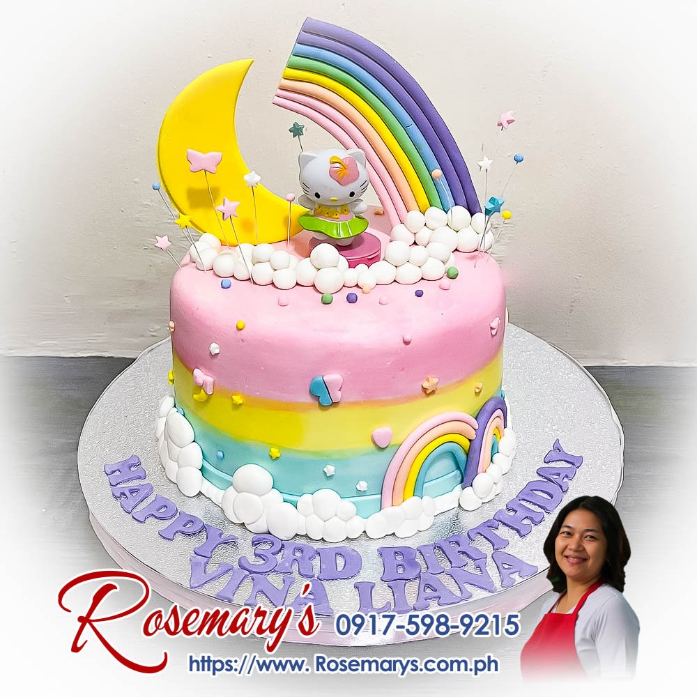 Delicious pastel rainbow Hello Kitty themed cake from Rosemary's Cakes, perfect for birthdays. Contact 0917-598-9215.