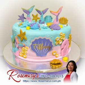 Pastel under the sea themed 1 layer cake with mermaid accents. Delicious and perfect for celebrations. Rosemary's Cakes, 0917-598-9215.