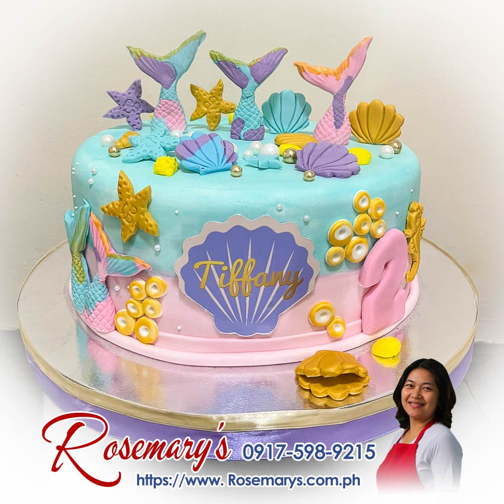 Pastel under the sea themed 1 layer cake with mermaid accents. Delicious and perfect for celebrations. Rosemary's Cakes, 0917-598-9215.