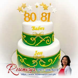 Elegant 2 layer green and gold themed cake from Rosemary's Cakes, perfect for special birthdays. Contact: 0917-598-9215.