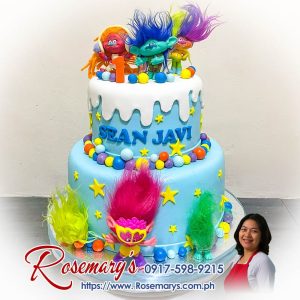 Vibrant 2-layer Trolls themed cake from Rosemary's Cakes, perfect for celebrations. Contact: 0917-598-9215.