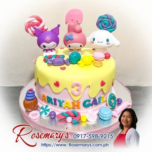 Sanrio themed 1-layer drip Candyland cake with Cinnamoroll, Kuromi, and My Melody. Delicious and yummy cakes by Rosemary's Cakes. Call 0917-598-9215.
