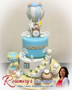 2 layer hot air balloon themed cake with animals, a delicious and yummy cake by Rosemary's Cakes. Contact 0917-598-9215.
