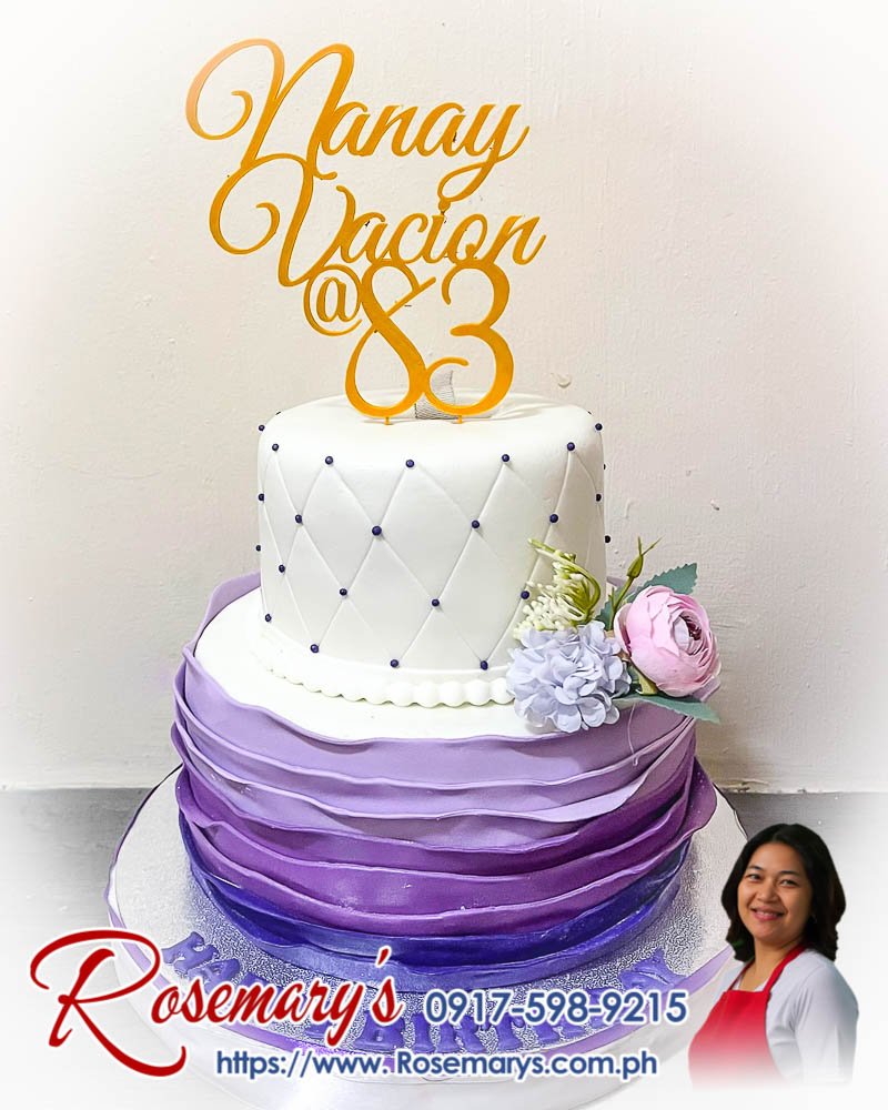2 layer purple and white ombre cake for nanay vacion’s 83rd birthday 2 layer purple and white ombre cake with 3D printed topper, delicious themed cake by Rosemary's Cakes. Contact 0917-598-9215.