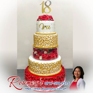 5 layer gold and red roses cake, delicious themed cake by Rosemary's Cakes. Order now: 0917-598-9215. Yummy cakes for any celebration.