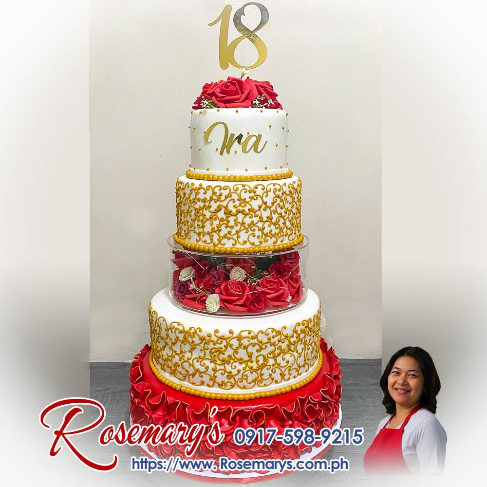 5 layer gold and red roses cake for ira’s 18th birthday 5 layer gold and red roses cake, delicious themed cake by Rosemary's Cakes. Order now: 0917-598-9215. Yummy cakes for any celebration.