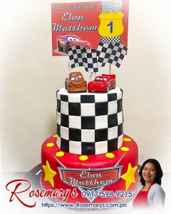 Lightning McQueen themed 2-layer cake with Cars design, delicious and yummy, by Rosemary's Cakes. Contact 0917-598-9215.