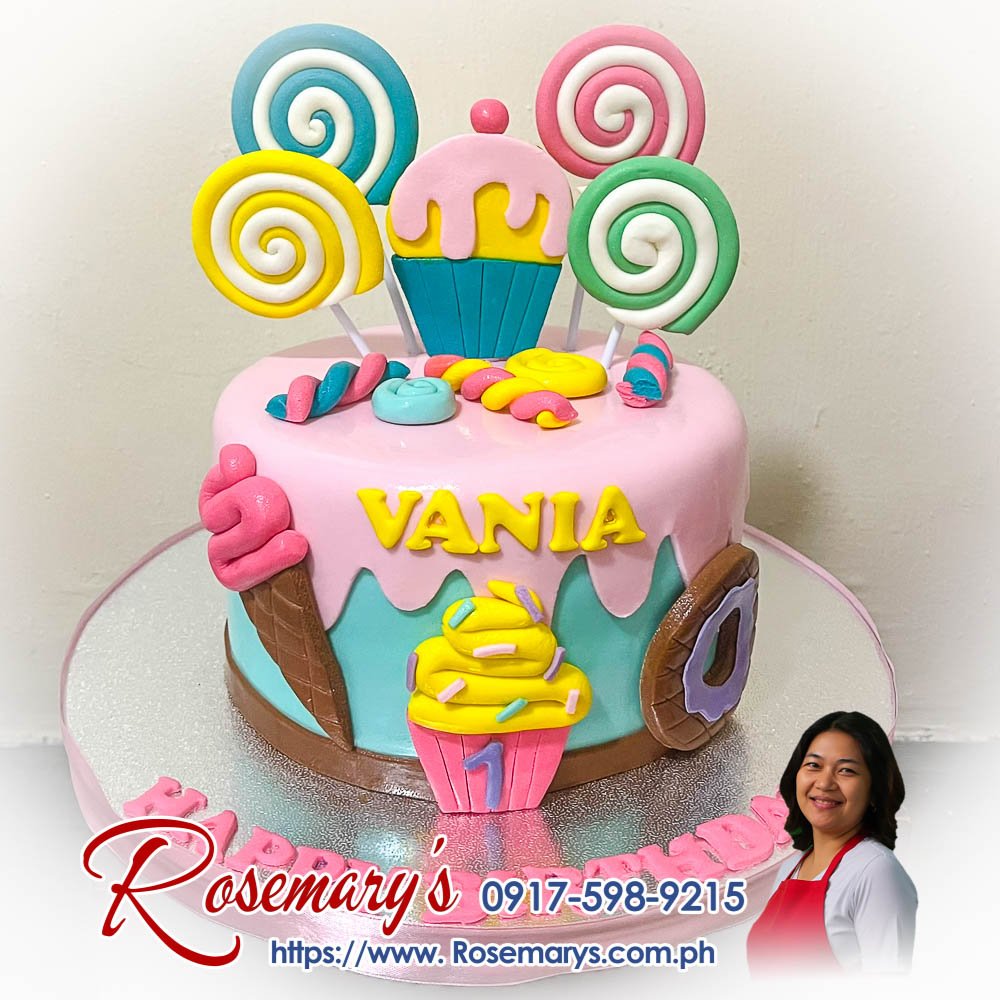 pastel candyland themed cake for vania’s 1st birthday Pastel Candyland themed 1 layer cake, delicious and yummy, by Rosemary's Cakes. Order now at 0917-598-9215.