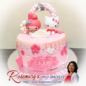 Pink Hello Kitty and My Melody themed 1-layer cake with drip design, delicious and yummy by Rosemary's Cakes. Contact 0917-598-9215.