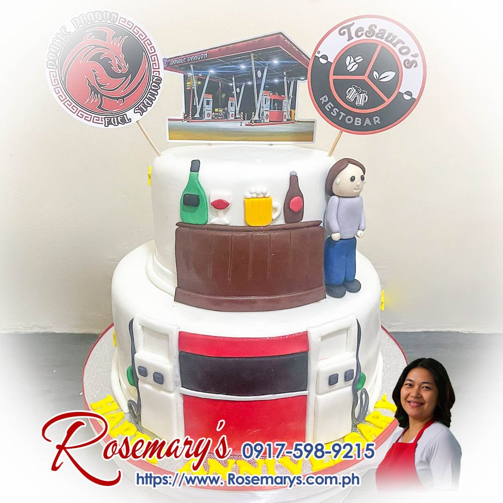 2 layer cake for tesauro’s restobar and double dragon fuel station’s anniversary 2 layer anniversary cake with themed designs, delicious and yummy cakes by Rosemary's Cakes. Contact 0917-598-9215.