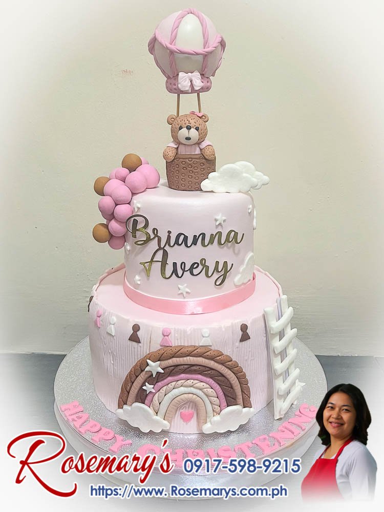 2 layer hot air balloon teddy bear themed cake for brianna avery’s christening 2 layer hot air balloon teddy bear themed cake, delicious and yummy cakes by Rosemary's Cakes. Contact 0917-598-9215.