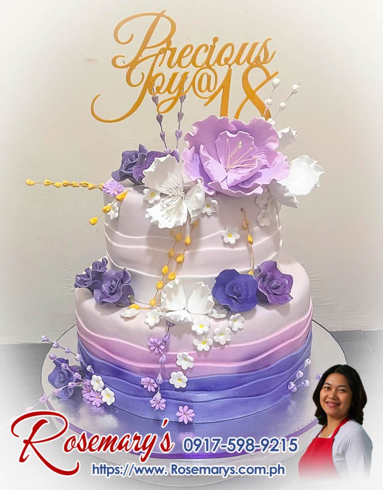 2 layer purple and pink ombre cake for precious joy’s 18th birthday 2 layer pink and purple ombre cake with 3D printed topper, delicious themed cake by Rosemary's Cakes. Contact 0917-598-9215.