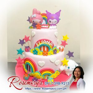 2 layer Sanrio themed cake with Cinnamoroll, Kuromi, and My Melody designs. Delicious candyland style. Rosemary's Cakes 0917-598-9215.