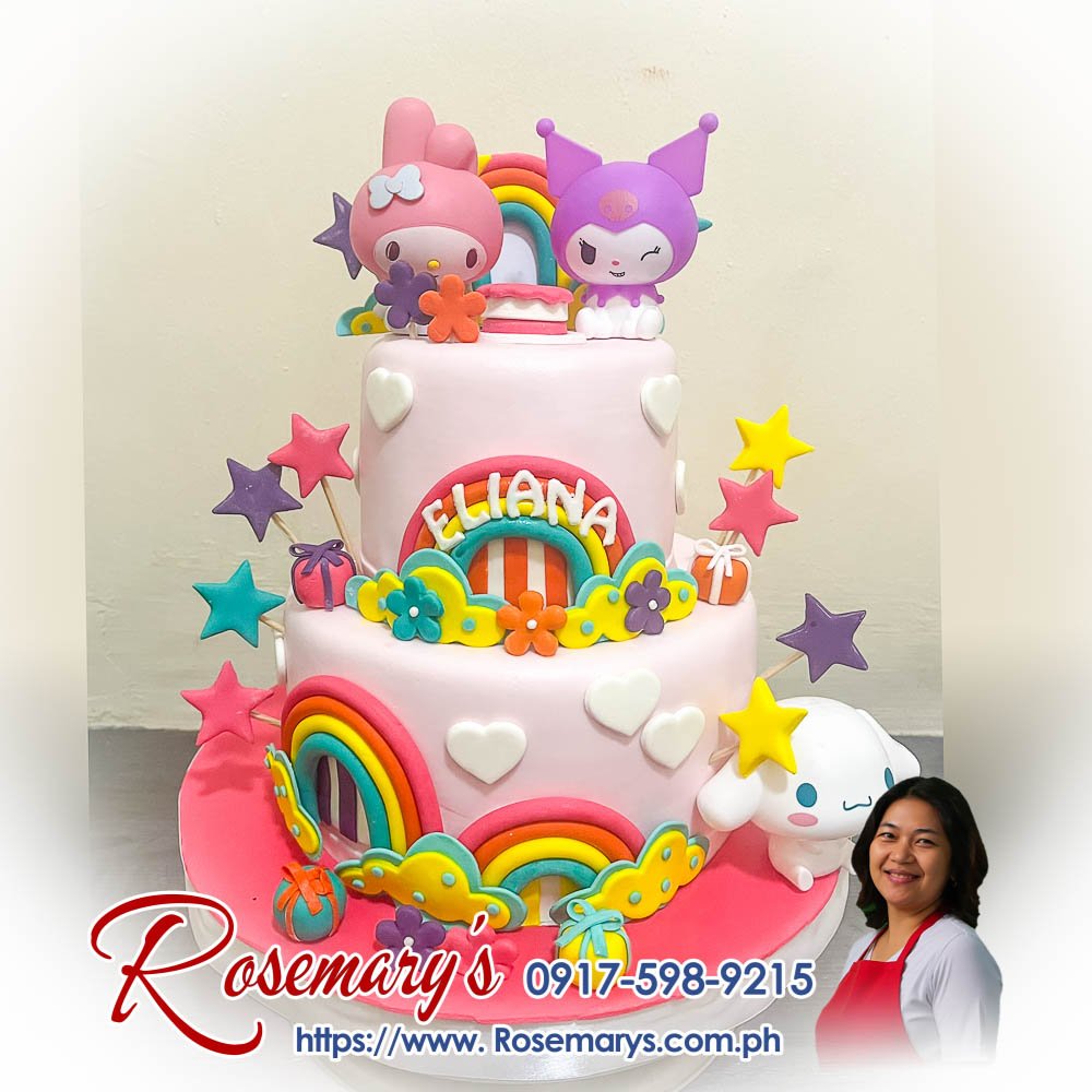 2 layer sanrio themed cake for eliana’s birthday 2 layer Sanrio themed cake with Cinnamoroll, Kuromi, and My Melody designs. Delicious candyland style. Rosemary's Cakes 0917-598-9215.
