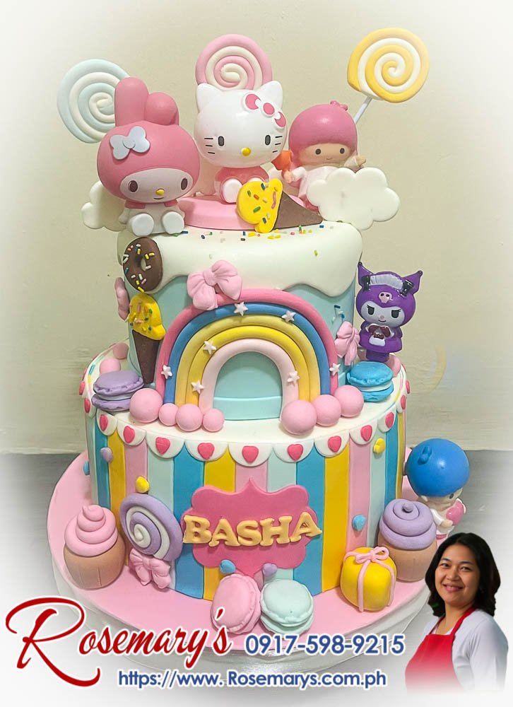 2 layer sanrio themed candyland cake for basha 2 layer Sanrio themed cake with Hello Kitty, Kuomi, Little Twin Stars, and My Melody designs by Rosemary's Cakes. Call 0917-598-9215.