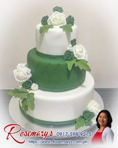 3 layer white wedding cake with green rose accents, delicious themed wedding cake by Rosemary’s Cakes, call 0917-598-9215.