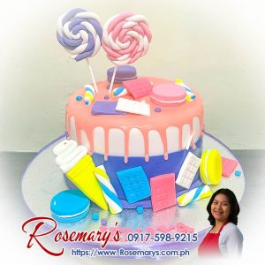 Candyland themed 1 layer drip cake, delicious and yummy. Rosemary's Cakes, contact 0917-598-9215 for orders.