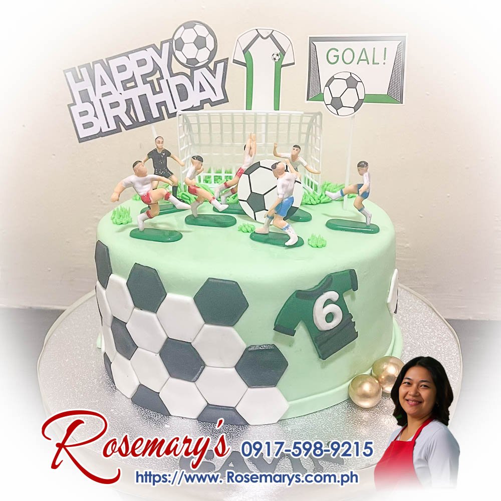 football themed cake for gavin’s 6th birthday 1 layer football themed cake by Rosemary's Cakes, a delicious and yummy soccer cake. Contact 0917-598-9215 for orders.