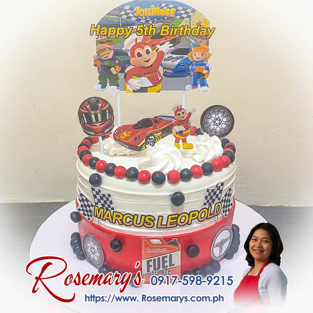 jollibee jollirace themed cake for marcus leopold’s 5th birthday Delicious Jollibee Jolliracer themed cake by Rosemary's Cakes, perfect for birthdays. Order now at 0917-598-9215.