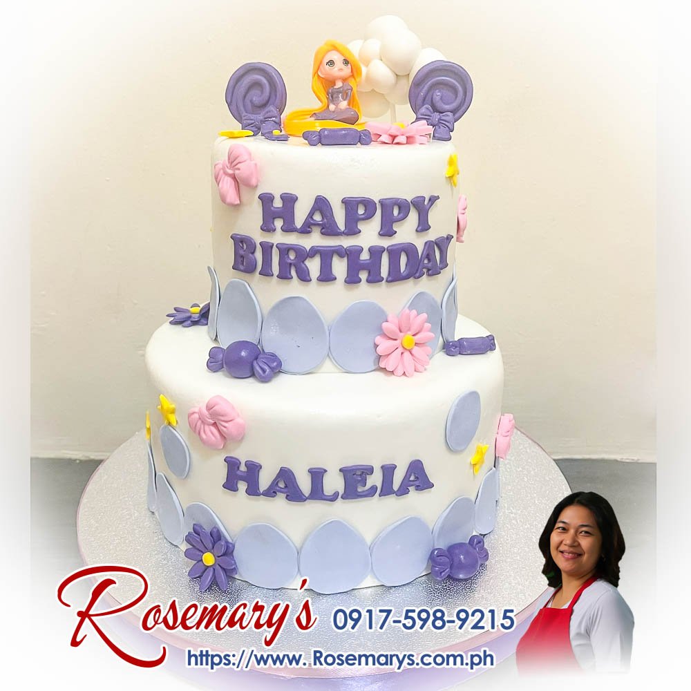 purple and pink rapunzel themed 2 layer cake for haleia Purple and pink Rapunzel themed 2 layer cake, delicious and yummy, by Rosemary's Cakes. Order now at 0917-598-9215.