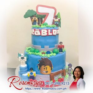 Two-layer Roblox themed cake with vibrant colors and detailed decorations, a delicious and yummy cake by Rosemary's Cakes. Contact 0917-598-9215.