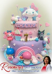 2-layer Sanrio themed cake with Hello Kitty, Cinnamoroll, Kuomi & Little Twin Stars by Rosemary's Cakes. Call 0917-598-9215.