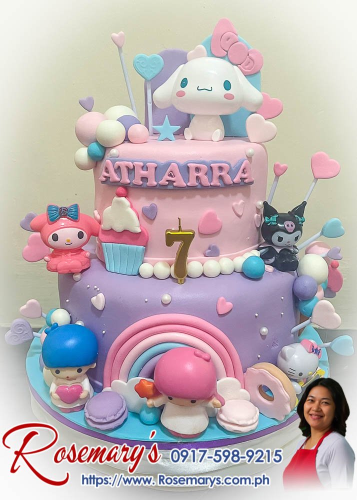 sanrio themed candly land cake for atharra’s 7th birthday 2-layer Sanrio themed cake with Hello Kitty, Cinnamoroll, Kuomi & Little Twin Stars by Rosemary's Cakes. Call 0917-598-9215.