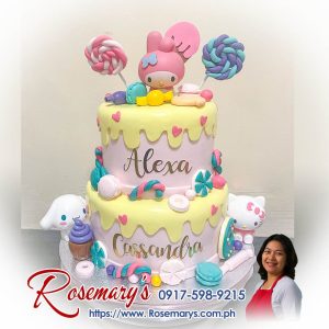 Sanrio themed 2-layer Candyland drip cake with Hello Kitty, Cinnamoroll, Little Twin Stars by Rosemary's Cakes. Call 0917-598-9215.
